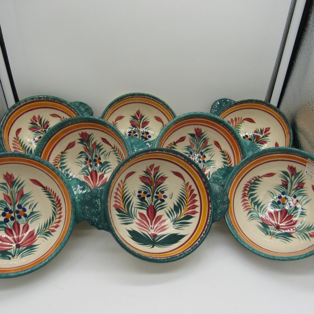 VINTAGE QUIMPER  SOUP/PORRIDGE BOWLS. SET OF 8.  SIGNED.